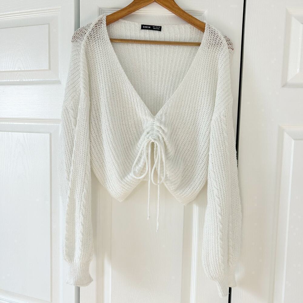 SHEIN White Knit Drawstring Crop Sweater V Neck Long Sleeve Pullover EUC Sz S - Picture 2 of 8